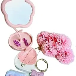 Flower-Shaped Makeup Mirror, Rotatable Makeup Mirror with Tray Table Vanity Mirror Cute Flower-Shaped Mirror for Tabletop, Bedroom, Bathroom, Living Room (Pink) (Pack of 1)-picture-20