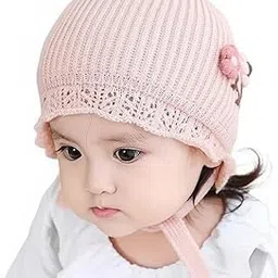 evonest Flower Embroidered Knitted Tie Knot Cap for 6-12 Month Kids | Winter Warm Hat Soft Knitted Hood Earflap Cap for Toddlers (Pink) Diameter 48-50 Cms-picture-22