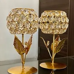 Crystal Tea Light Candle Holder with Gold Plated Stand, Decorative Votive with Leaf Design for Home, Living Room, Dining Table Centrepiece-picture-12