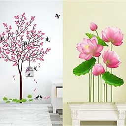 MERICAL PVC Vinyl Set Of 2 Wall Self-Adhesive Stickers Pink Tree With Bird And Nest | Lotus Flowers For Home, Hall, Bedroom, Livingroom & Kitchen, 5 cms-image-11