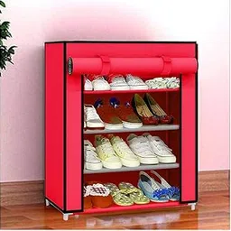 SANSIM Multipurpose 4-Tiers Shoe Rack with Dustproof Zip Cover, Multiuse Wide Space Storage Rack made by Non Woven Fabric for footwear, Toys, clothes (4 Shelves) (RED), Plastic Non Woven-picture-35