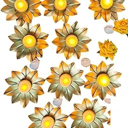 FLAWLESS KARIGARI Set of 10 Lotus Tea Light Holder with Candle Golden Metal Flower Diya for Diwali Pooja Mandir Table Centerpiece Decoration Home Decor-picture-18