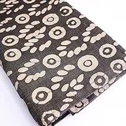 Handcrafted Block Print Cotton Fabric, Circle and Leaf Pattern, Charcoal Grey and Beige (1 Meter)-picture-25