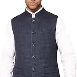 cantabil Men's Printed Navy Blue Mandarin Collar Waist Coat image 1