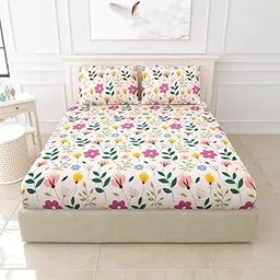 NEW TOWN Premium Cotton Feel Glace Cotton 210 Tc Elastic Fitted Bedsheets with 2 Pillow Covers Double Bed with Corner Elastic Supersoft Floral Pattren |Size-72X68+ 6 Inches SR 4794-image-75