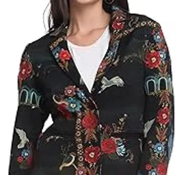 Black Notch Lapel Collar Floral Print Long Sleeves Casual Blazer for Women-image-6