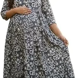WAVII Maternity Gown for Women | Comfortable Printed Cotton Dress Feeding Kurti with 2 Side Zipper and Side Dori | Pre & Post Pregnancy | 3/4 Sleeve, Round Neck-picture-63