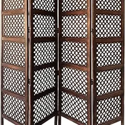 Handcrafted Traditional Mango Wood Burnt Polish Room Divider with Lattice Carving Partition Screen Home Decor 4 Panel (80x72 Inches)-picture-57