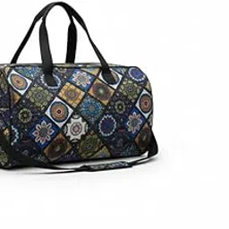 Floral Mandala Travel Duffle Bag, Navy Blue and Gold Pattern, Foldable Design, Large Weekender with Shoulder Strap-picture-27