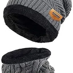 Winter Woolen Cap, Neck Warmer Scarf Woolen Beanie Cap for Men and Women-image-2