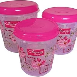 Roni Kitchen Grocery Airtight Container Set of 4 kg 6 kg 8 kg Printed Plastic Storage Jar with Lid Pink Color-picture-40