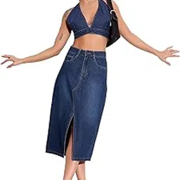 Women's Straight High Rise Midi Denim Skirt-image-85