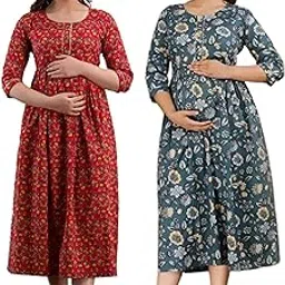 mangla kurti Women's Pure Cotton Printed Maternity Gown Feeding Nighty A-line Dress Kurti Gown for Women Pack of 2 (XXXX-Large, Multi-26)-picture-18