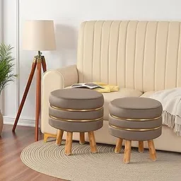 NACIA Ottoman Stool for Living Room Set of 2 Sitting PouffesPoof Pouffe for Footrest Home Furniture Mudda Pouf Round Puffy Sitting 4 Wooden Legs Foot Stool for Office Room, Coffe (16"x18")-image-80