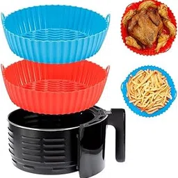 Nonstick Reusable Heat Resistant, Air Fryer Silicone Liners with Handles, Cooking Oven Insert Accessories Round Baking Tray, Red and Blue, Pack of 2-image-50
