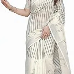 rar fashion Premium Cream Striped Linen Saree – Cotton Linen Blend Indian Traditional Saree with Blouse Piece for Women – Lightweight, Elegant, Office & Casual Wear (White)-picture-49