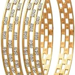 American Diamond Elegant Crystal Stone -Studded Gold-Plated Bangles Set, Traditional Bangles Openwork Design, Wedding & Festive Jewelry for Women & Girls, (Pack Of 2)-image-10