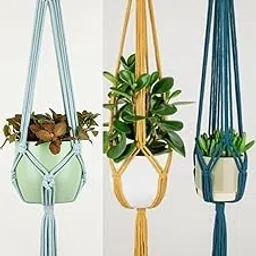 Boho Cotton Macrame Ceiling Plant Hanger Indoor Outdoor Hanging Planter Basket, Flower Pots Beautiful Design Suitable for Balcony, Dorm, Living Room, Off-White, Pack of 3, Style-36-image-37