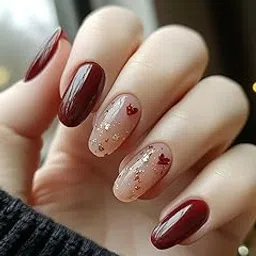 Set Of 14Pc, Press-on Nails, Round Shaped Maroon and Nude Pink, Gold Glitter 2 Hearts Design With Free Glue Kit-image-80