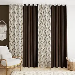 DEVSANG Polyester Eyelet Printed And Solid Set Of 4 (2 Print And 2 Solid) Window Door Semi Sheer Curtains (Brown, 7 Feet)-picture-16
