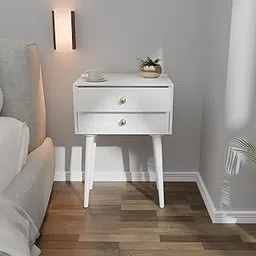Ereteken ART Modern Bedside Table with Solid Wood Legs 2 Drawer End Table for Bedroom, Small Side Table with 2 Drawers, Night Stand, End Table with Wooden Legs for Bedroom, Living Room (White)-picture-33