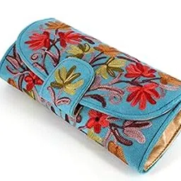 a.peer Traditional Kashmiri Embroidered Clutch Wallet, Blue Floral Design, Multiple Compartments, Cotton Silk Exterior, Synthetic Leather Interior, for Girls-picture-41
