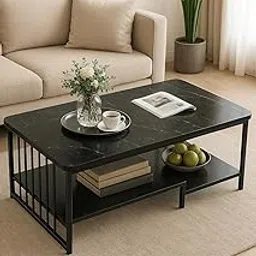 Brown Art SHOPPEE 3-Tier Rectangular Center Coffee Table, Faux Marble Table with Open Storage Shelf, Black Finished Metal Frame, Modern Center Table for Living Room, Reception Room (Full Black)-picture-11