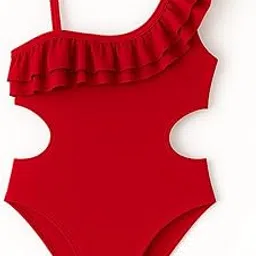 Bubble Berry Girls' One-Shoulder Ruffle Monokini Swimsuit | Red- Polyester-Spandex-picture-61