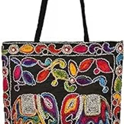 Tote Bag for Women with Zip - Cotton Double Strap Ethnic Rajasthani Mirror Work Design Embroidered Bags-picture-48