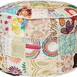 iinfinize 22 Inch Round Home Decorative Pouf Cover Cotton Patchwork Handmade Ottoman Footstool Pouff Traditional Khambadiya Muddha Living Room Seating Pouff (White)-picture-17