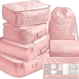 ambiger Travel organizer 7 in 1 Travel Packing Cosmetics Luggage Packing Organizers Set Makeup Bags Organizer Packing Cubes with Shoe Bag for travel (Pink, nylon)-picture-30
