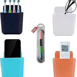 RUSHIL WERE Plastic Wall Hanging Mobile Phone Holder | Free 1 Cable Spiral | Multipurpose | For Remote, Makeup brush, Stationery holder | Self Adhesive | Easy to Install | Set of 4 Pcs-image-77