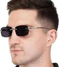 Rimless Rectangular Sunglasses, Black UV400 Protection Lenses, Gold-Tone Temples, Polycarbonate, Medium Size, Classic Wrap-Around Style for Men, Casual Wear with Case mc stan-picture-27