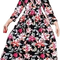 Women's Floral Print Midi, RED with Pink Lilies, 3/4 Sleeve Empire Waist, Casual-picture-43