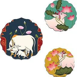 Decor Smart Blue & Red Cow & Calf Decorative Wall Art | Wooden Pichwai Style White Sacred Cow with Pink Lotus Design Plate for Home Decor | Living Room & Traditional Wall Decoration (DWA_8814)-image-17