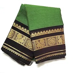 Traditional South Indian kanchi cotton Saree, Green and Black with Gold Zari Border, Handloom Wearing-picture-38