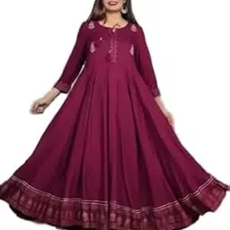 Women's Anarkali Dress with Gold Border Print, 3/4 Sleeves, Flared A-Line Maxi Length-picture-38