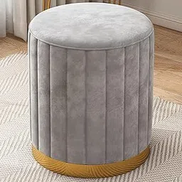 Ereteken ART Velvet Round Ottoman Foot Rest Stool Linen Fabric Padded Seat Pouf Ottoman with Round Shape for Living Room (Grey)-picture-48