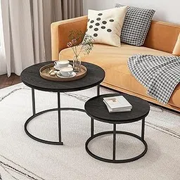 HOJINLINERO Round Coffee Table Set of 2 End Tables for Living Room,Black Coffee Table Nesting Tables,Living Room Table Wooden Accent Furniture Metal Frame,Sturdy Stacking Side Tables,Easy Assembly-image-9