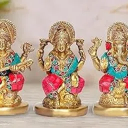 Brass Lakshmi Ganesh Saraswati Murti Statue Idol for Diwali Pooja,_Golden-picture-13