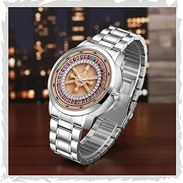 Branded Men's Roulette Casino Watch Fashionable Colorful 360 Rotating Dial Casual Silver and Black Stainless Steel Men's &Boy's Gift Watch-image-4