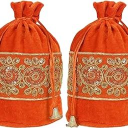 Kuber Industries Embroidered Design Potli Bags Handbags for Women Gifting Wristlets for Wedding, Festival, Kitty Subh Shagun-Pack of 2 (Orange)-picture-13