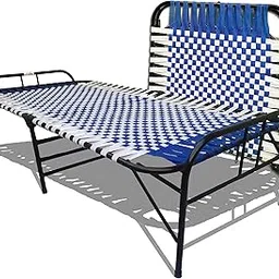 ARTEMIST Folding Picnic Cot Bed Portable Single Size Metal 6 Leg Foldable Metal Cot With Smart Durable Virgin Niwar And Space Saving Unique Design 3'X6' (Blue-White), Painted-image-48