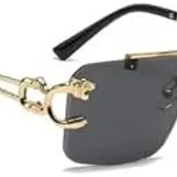 Vintage Tiger Head Retro Square Sunglasses Women Men Luxury Shades Frameless Square Tinted Glasses (Black, Black Gradient) Rimless Rectangular Sunglasses, Gold Metal Frame-picture-46