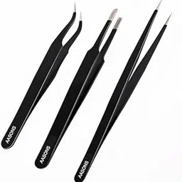 AASONS 3 Pc Stainless Steel Tweezers Set For Computer Laptop Repair Mobile Tools Watch Jewellery Soldering equipment Non Magnetic Anti-Static Straight Curved and Pointed Tips-picture-15
