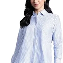 hancock Women Candy Striped Wrinkle Resistant Boyfriend Fit Formal Shirt(16188White-SBlue) image 1