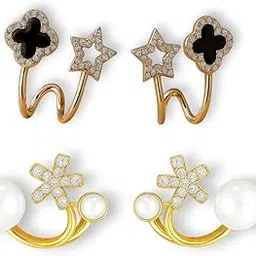 Nextcart 2 Pairs Combo - Crystal Star Clover Twist Stud | White Pearl Stud Flower - Trendy Lightweight Gold Plated Korean Earrings Set For Women And Girls Stylish-picture-11
