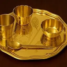 Premium Brass Puja Thali Set – 8 Inch Golden Krishna Engraved Thali with Glass, 2 Bowls & Spoon | Traditional Brass Plate for Pooja, Aarti, Mandir, Festivals & Gifting-picture-11