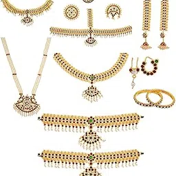 usha gold plating Green and Red Kemp Stones Gold Copper Complete Bharatanatyam Jewellery Set with All the 10 Separate Ornaments for Women-picture-18