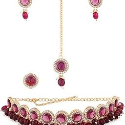 zaveri pearls Wine Color Stones & Cluster Beads Choker Necklace Earring Maangtikka & Ring Set For Women-ZPFK14598-picture-37